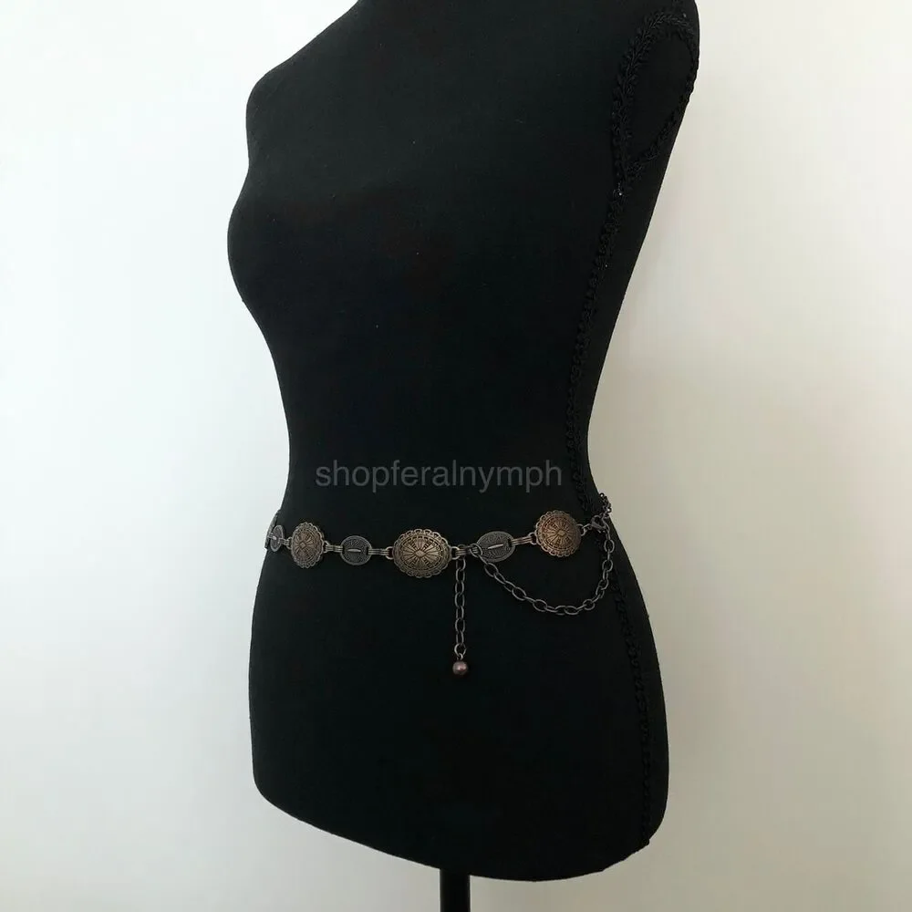 Y2K Boho Antique Bronze Medallion Chain Belt, Fits 22–37.5 Inches, X7GA1174